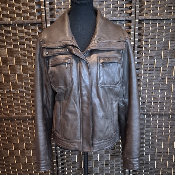Geox Dark Brown Leather Jacket with  Fur Trim - Picture 4 of 12